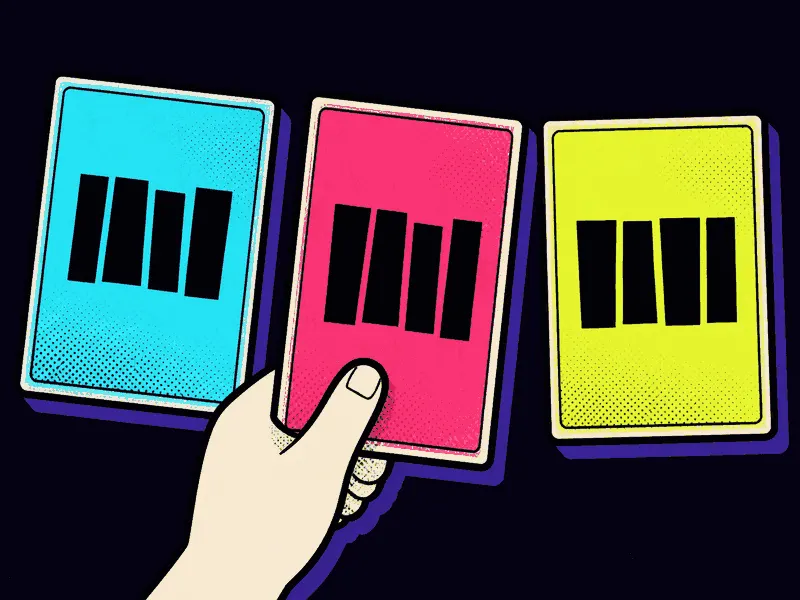 A hand places a music card onto a timeline.