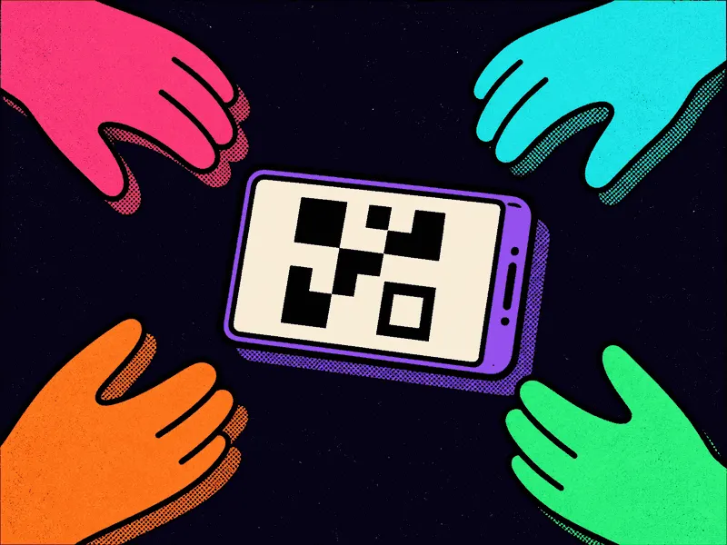 Four hands reach toward a phone displaying a QR code.